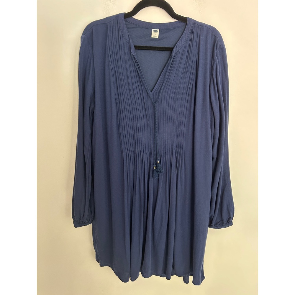 Old Navy Womens Navy Blue Pintuck Pleated Tassel Tie Long Sleeve Tunic Top L